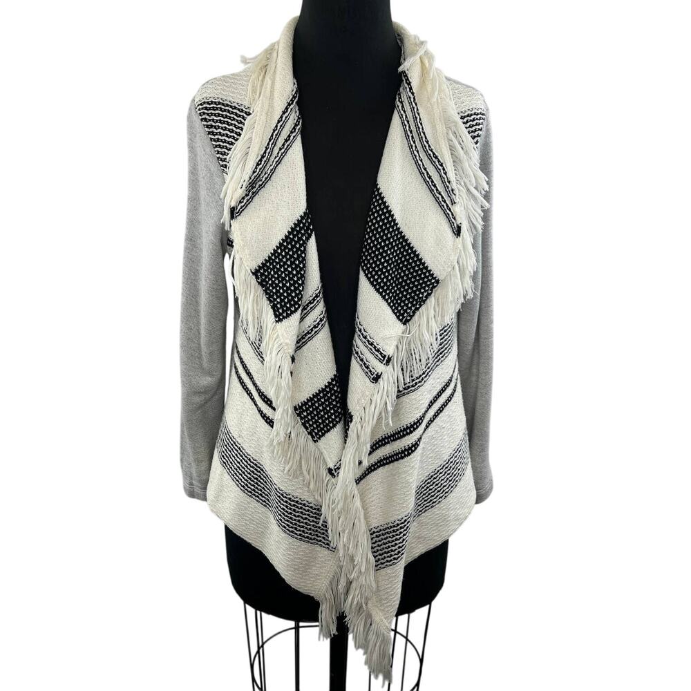 Anthropologie DOLAN Gray Cream Stripe Drape Fringe Open Cardigan Sweater S Small